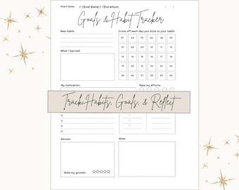 May include: A black and white printable goal and habit tracker with a calendar, sections for tracking motivation, effort, and growth, and a section for notes and review. The text "Goals & Habit Tracker" is at the top of the page.