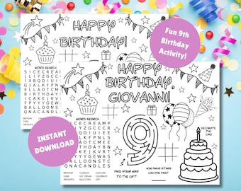 May include: Black and white printable birthday activity sheets with the text "Happy Birthday!" and "Happy Birthday Giovanni!" featuring a cupcake, word search, maze, and cake. Includes the text "Instant Download" and "Fun 9th Birthday Activity!"