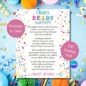 Ready Confetti For School PDF, Personalized First Day of School Poem, Jitter Glitter, First Day of Kindergarten Card, First day of Preschool