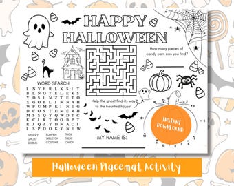 May include: Black and white Halloween-themed placemat with a maze, word search, and connect-the-dots pumpkin. Includes the text "HAPPY HALLOWEEN" and "INSTANT DOWNLOAD". Features ghosts, bats, and candy corn.