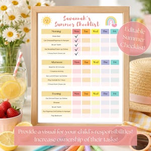 May include: A framed summer checklist for Savannah, featuring a sun and rainbow graphic. The checklist is divided into morning, afternoon, and evening sections with tasks like making the bed and brushing teeth. Text reads "Editable Summer Checklist!" and "Provide a visual for your child's responsibilities!"