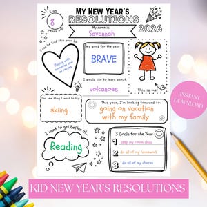 Peut inclure: Une feuille imprimable de résolutions du Nouvel An pour enfants avec le texte "Mes résolutions du Nouvel An" et "Résolutions du Nouvel An pour enfants". La feuille comprend des espaces pour écrire des objectifs, un mot pour l'année et un dessin de l'enfant. Un crayon et des crayons de couleur sont dans l'image.