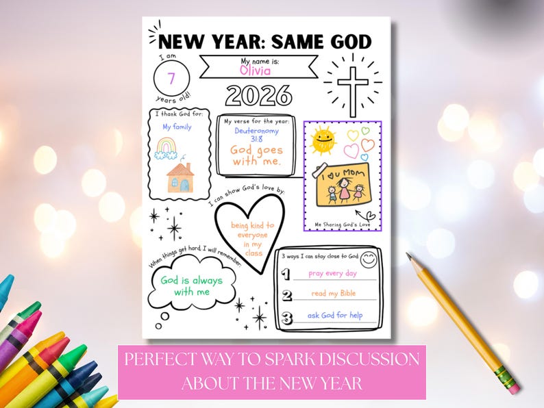 Op de afbeelding: Een afdrukbaar werkblad getiteld "NIEUWJAAR: DEZELFDE GOD" met verschillende prompts voor reflectie. Bevat ruimte voor de naam van het kind, de leeftijd en een bijbelvers. Bevat illustraties van een huis, regenboog en familie.