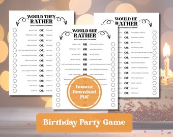 May include: Three printable "Would They Rather" birthday party game sheets. Each sheet has a different title: "Would They Rather", "Would She Rather", and "Would He Rather". The sheets are white with black text and a circle for each choice.