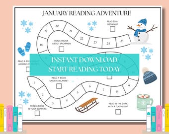 Può includere: Un grafico di avventura di lettura stampabile bianco con il testo "January Reading Adventure". Il grafico include illustrazioni di un pupazzo di neve, guanti, una slitta e una tazza di cioccolata calda. È incluso anche il testo "Instant Download Start Reading Today".
