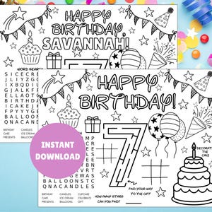 以下が含まれることがあります： 「Happy Birthday Savannah!」と「Happy Birthday!」の文字が入った、ワードサーチ、迷路、ケーキのイラストが特徴の、白黒印刷可能な誕生日アクティビティシートです。「Instant Download」の文字が含まれています。