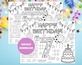 Puede incluir: Hojas de actividades de cumpleaños imprimibles en blanco y negro con el texto "Happy Birthday Savannah!" y "Happy Birthday!" con una búsqueda de palabras, un laberinto e ilustraciones de pasteles. Incluye el texto "Instant Download".
