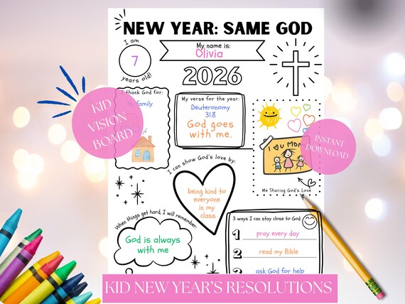 Kid Christian New Years Resolutions Worksheet PDF, 2026 Sunday School Activity, Kids 2026 Vision Board, Christian New Year Goals