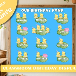 May include: A classroom birthday display poster titled OUR BIRTHDAY POND featuring a bright blue background with twelve green lily pads. Each month is labeled with yellow ducklings wearing party hats, some with pink lotus flowers.