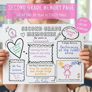 May include: A white 8.5" x 11" memory page held by a child, featuring the text "Second Grade Memory Page" and "Second Grade Memories." The page includes spaces for memories, a name, and a teacher's autograph, with illustrations.