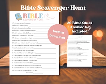 May include: A printable Bible Scavenger Hunt with 20 clues and an answer key. The design features a soft, blurred background with a partially visible open book. The text "Bible Scavenger Hunt" is at the top.