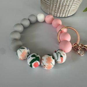 Pink and Gray Beaded Wristlet, Silicone Wristlet, Bracelet Key Chain, Wristlet Keychain, Bangle Key Ring, Gift for Teachers
