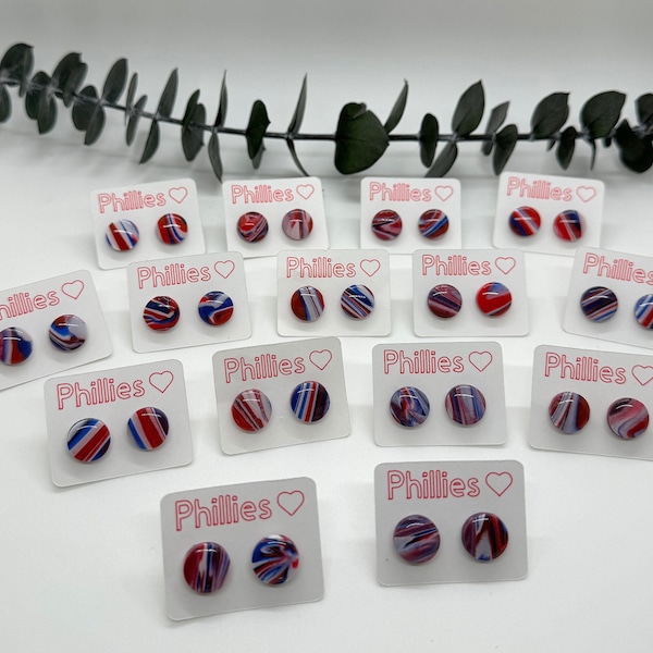 Phillies Stud Resin Earrings, Red White and Blue Clay Earrings, Hypoallergenic 4th of July Earrings, Baseball Fan Earrings, Swirl Earrings