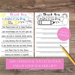 Regalo imprimible de fin de año para maestros, carta para maestros, regalo de un estudiante para maestros, regalo de agradecimiento para maestros