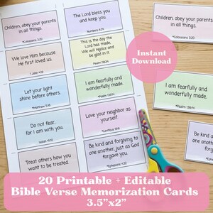 May include: A sheet of printable Bible verse cards in pastel colours with black text, featuring verses like Children obey your parents and Love your neighbour. A pair of colourful scissors rests on the sheet, with additional cut-out cards nearby.