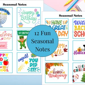 May include: A collection of 12 seasonal notes with various holiday and event-themed designs. Includes images and text for Hanukkah, Valentine's Day, St. Patrick's Day, birthday, Halloween, Thanksgiving, and Christmas.