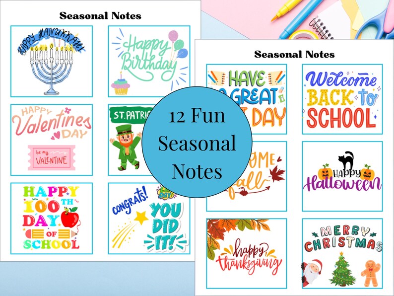 May include: A collection of 12 seasonal notes with various holiday and event-themed designs. Includes images and text for Hanukkah, Valentine's Day, St. Patrick's Day, birthday, Halloween, Thanksgiving, and Christmas.