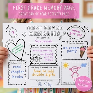 May include: A black and white first grade memory page with the text "First Grade Memories" and "Savannah" written on it. The page includes drawings of an ice cream cone, a sun, and a girl. The text "First Grade Memory Page" is at the top.