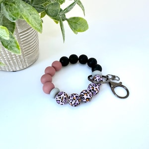 Animal Print Beaded Wristlet, Silicone Wristlet, Bracelet Key Chain, Wristlet Keychain, Bangle Key Ring, Gift for Teachers