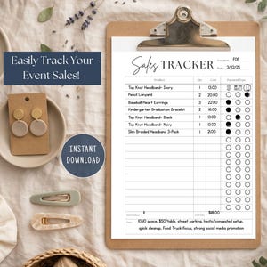 Può includere: Un appunti con un modulo "Sales Tracker", con dettagli del prodotto e tipi di pagamento. L'immagine include orecchini, fermagli per capelli e scrunchies. Il testo sull'immagine dice "Easily Track Your Event Sales!" e "Instant Download."