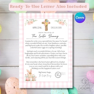 May include: An Easter-themed letter with a pink gingham border, featuring text from "The Easter Bunny." The letter includes floral and cross illustrations. Colorful speckled Easter eggs surround the letter, with the text "Ready-To-Use Letter Also Included."