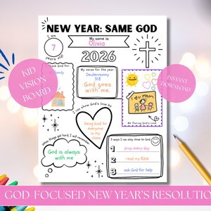 Op de afbeelding: Een zwart-wit printbaar Kinder Vision Board met de tekst "NEW YEAR: SAME GOD" en "GOD-FOCUSED NEW YEAR'S RESOLUTIONS". Het bord bevat ruimte voor doelen, een Bijbelvers en een kruis.