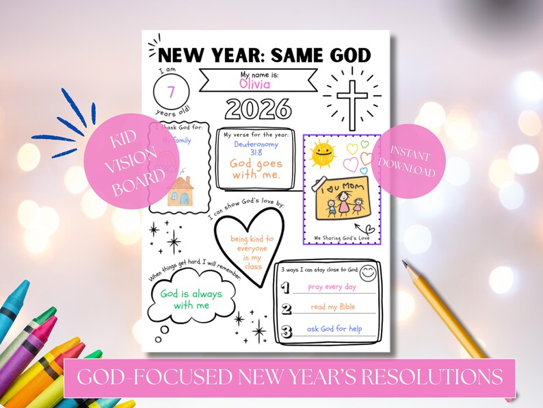 Op de afbeelding: Een zwart-wit printbaar Kinder Vision Board met de tekst "NEW YEAR: SAME GOD" en "GOD-FOCUSED NEW YEAR'S RESOLUTIONS". Het bord bevat ruimte voor doelen, een Bijbelvers en een kruis.