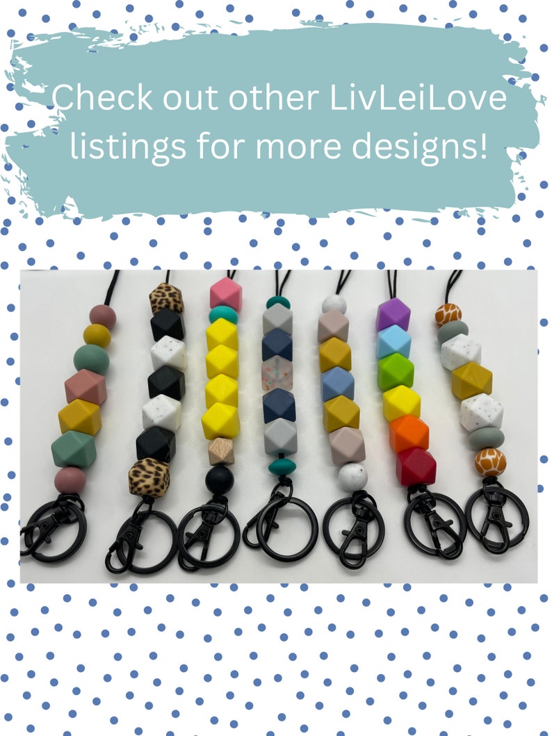 May include: Seven colorful silicone bead keychains with different patterns and colors. Each keychain has a black metal lobster clasp and a black metal ring. The keychains are arranged in a row on a white surface. Check out other LivLeiLove listings for more designs!