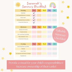 Bearbeitbare Sommer-Checkliste für Kinder, Checkliste für den visuellen Sommerzeitplan von Kindern, Tabelle für tägliche Verantwortung für Kinder, Checkliste für die tägliche Routine für Kinder