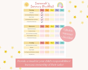 May include: A printable summer checklist for children, featuring a sun, rainbow, and star graphics. The checklist is divided into morning, afternoon, and evening sections with tasks like making the bed and brushing teeth. The text "Savannah's Summer Checklist" is at the top.