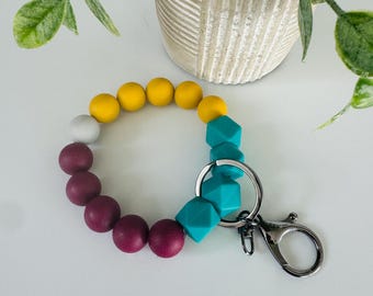 Jewel Tones Beaded Wristlet, Silicone Wristlet, Bracelet Key Chain, Wristlet Keychain, Bangle Key Ring, Gift for Teachers
