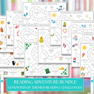 May include: A bundle of twelve themed reading challenge charts, each representing a month of the year. The charts feature seasonal illustrations and text, with the words "Reading Adventure Bundle" and "12 Months of Themed Reading Challenges" at the bottom.