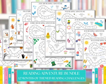 May include: A bundle of twelve themed reading challenge charts, each representing a month of the year. The charts feature a path with numbered spaces and seasonal illustrations. Text at the bottom reads "READING ADVENTURE BUNDLE 12 MONTHS OF THEMED READING CHALLENGES."