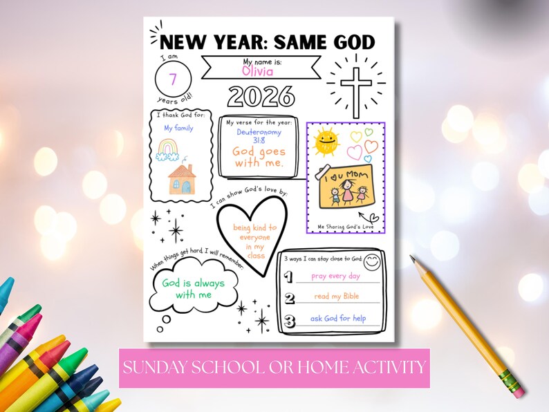 Op de afbeelding: Een zwart-wit activiteitenvellen met de tekst "NEW YEAR: SAME GOD" en "2026". Het bevat prompts voor de gebruiker om in te vullen, zoals "My name is Olivia", "My verse for the year" en "I thank God for". Het vel bevat ook illustraties van een kruis, een huis en een zon.