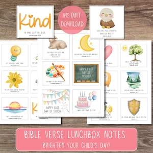 May include: A collection of illustrated Bible verse lunchbox notes with various images, including an eagle, a lamb, a moon, a sun, a flower, and a cake. The notes have text like "Kind" and "Happy First Day of School".