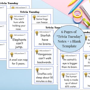 May include: A collection of "Trivia Tuesday" notes with fun facts, including facts about elephants, kangaroos, and the human body. The image also includes a blank template and stationery supplies.