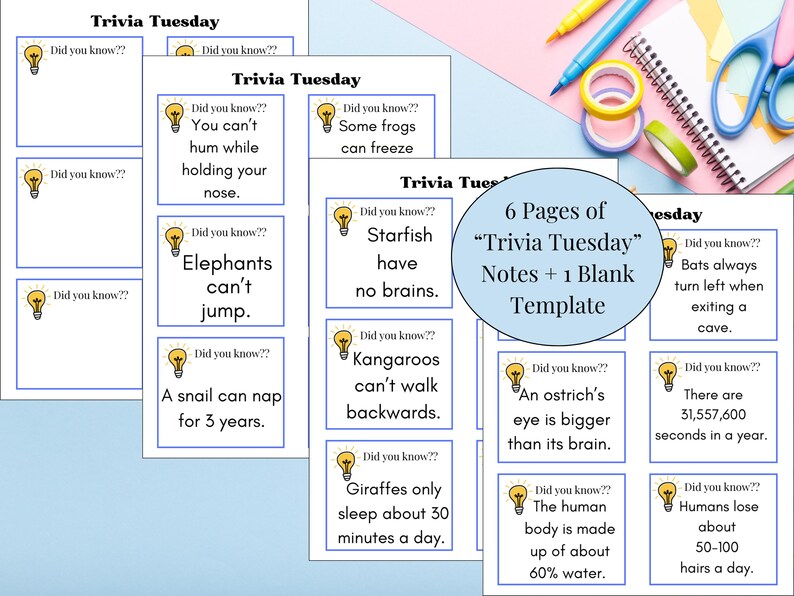 May include: A collection of "Trivia Tuesday" notes with fun facts, including facts about elephants, kangaroos, and the human body. The image also includes a blank template and stationery supplies.