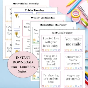 Peut inclure: Une collection de notes de boîte à lunch imprimables avec des messages pour chaque jour de la semaine. Les notes présentent des motifs colorés et des textes tels que "Tu me fais sourire" et "J'ai emballé de l'amour avec ton déjeuner aujourd'hui."