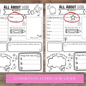 May include: Black and white printable "All About Me" worksheet with fill-in-the-blank sections. Includes prompts for favorites, birthday, and future aspirations. Features two versions: "Year" and "Grade".