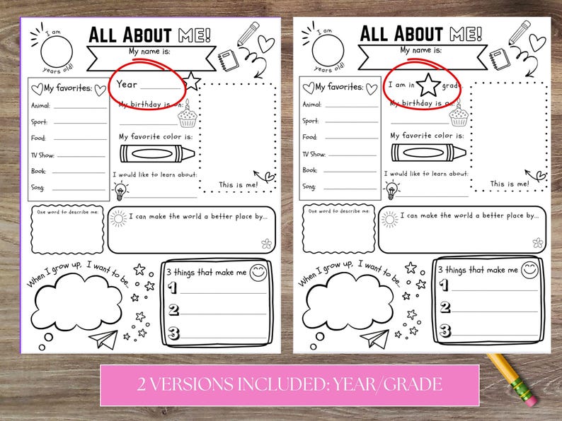 May include: Black and white printable "All About Me" worksheet with fill-in-the-blank sections. Includes prompts for favorites, birthday, and future aspirations. Features two versions: "Year" and "Grade".