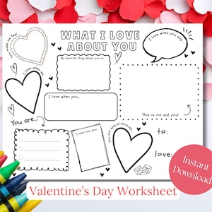 Op de afbeelding: Zwart-wit Valentijnsdag werkblad met invulvragen en hartillustraties. De tekst bevat "What I Love About You" en "Valentine's Day Worksheet". Een rode cirkel met "Instant Download" staat in de hoek.