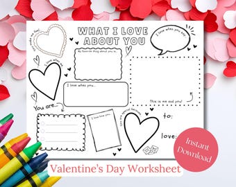 What I Love About You werkblad pdf, afdrukbaar Valentijnsdag, valentijnsbrief kind