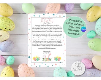 Op de afbeelding: Een paasafbeelding met kleurrijke gespikkelde eieren in pasteltinten van geel, groen, roze en blauw, rondom een brief. De brief bevat tekst over de Paashaas en instructies om de brief in Canva te personaliseren.