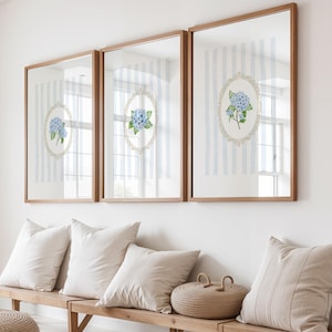 Blue Coastal Hydrangea Print Set of 3 | Blue Striped Floral Watercolor Poster | East Coast Beachy Kitchen Wall Art | Coastal Bedroom Decor