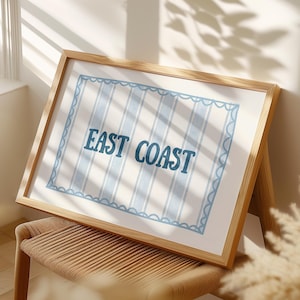 Vintage Blue East Coast Print | Blue Striped Wall Print | Beach House Decor | Trendy Dorm Bedroom Coastal Poster | Nautical Stripe Wall Art