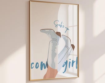 Blue Coastal Cowgirl Print: Beachy Western Art (Digital Download)