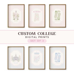 May include: A set of six framed digital prints featuring college-themed illustrations. The prints include line drawings of campus buildings, state maps with floral patterns, and cowboy boots in pink, green, and blue color palettes on striped backgrounds.