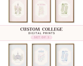 Könnte beinhalten: Ein Set aus sechs gerahmten Digitaldrucken mit Illustrationen zum Thema College. Die Drucke zeigen Strichzeichnungen von Campusgebäuden, Landkarten mit Blumenmustern und Cowboystiefel in rosa, grünen und blauen Farbtönen auf gestreiften Hintergründen.