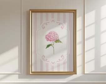 Roze gestreepte hortensiaprint | Mooie Grand Millennial-muurkunst | Coquette Flower Nursery afdrukbaar voor babymeisje