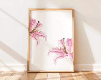 Trendy Pink Lily Floral Print | Coastal Dorm Decor | Girly Wall Art Poster